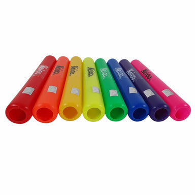 Eight Plastic relay batons shown end-on in red, orange, yellow, neon, green, blue, purple and pink.