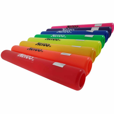 Eight Plastic relay batons with curved ends in rainbow colours with Nelco brand.
