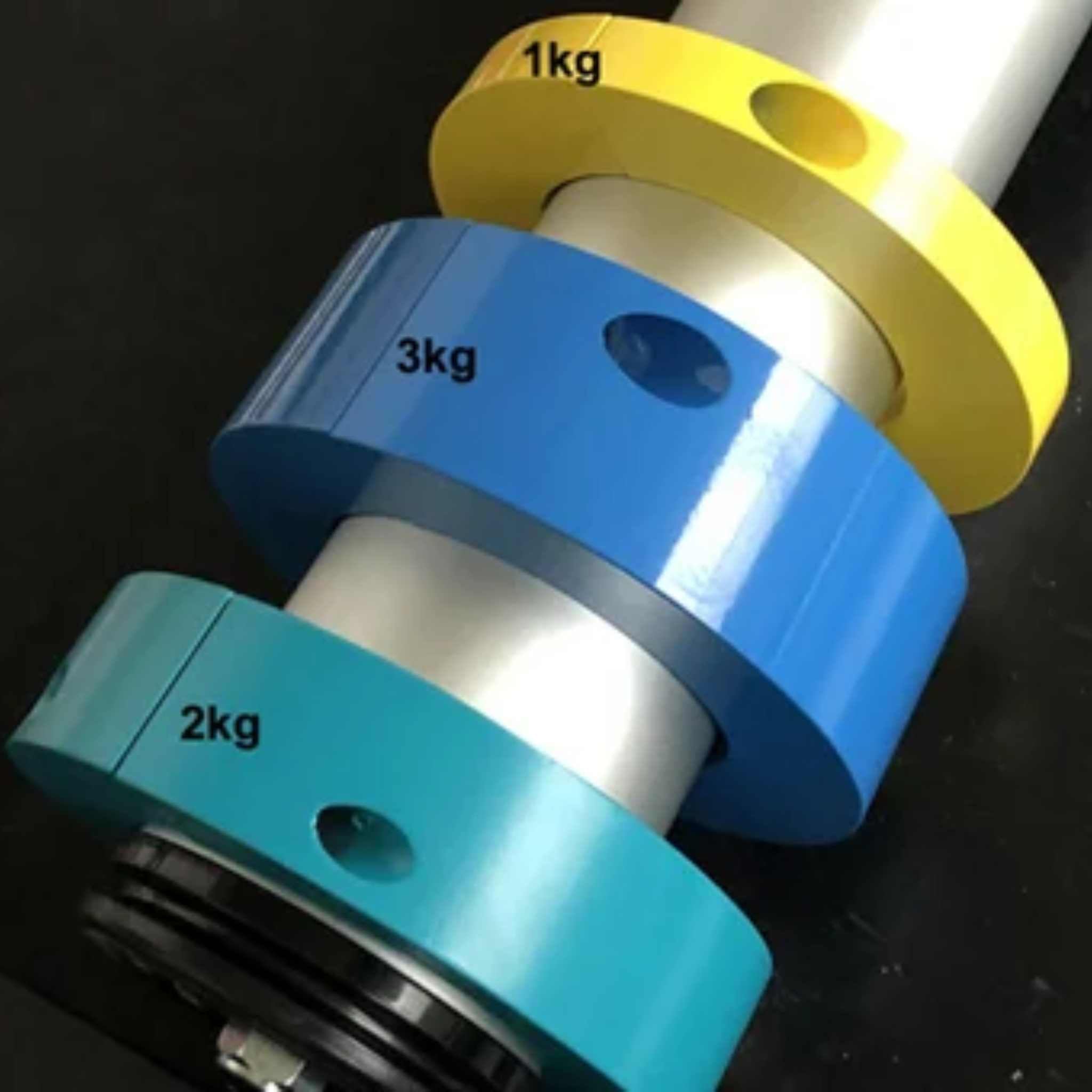 Set of momentum weight plates for an Invictus Active Race Roller Trainer, with labeled weights on a black background