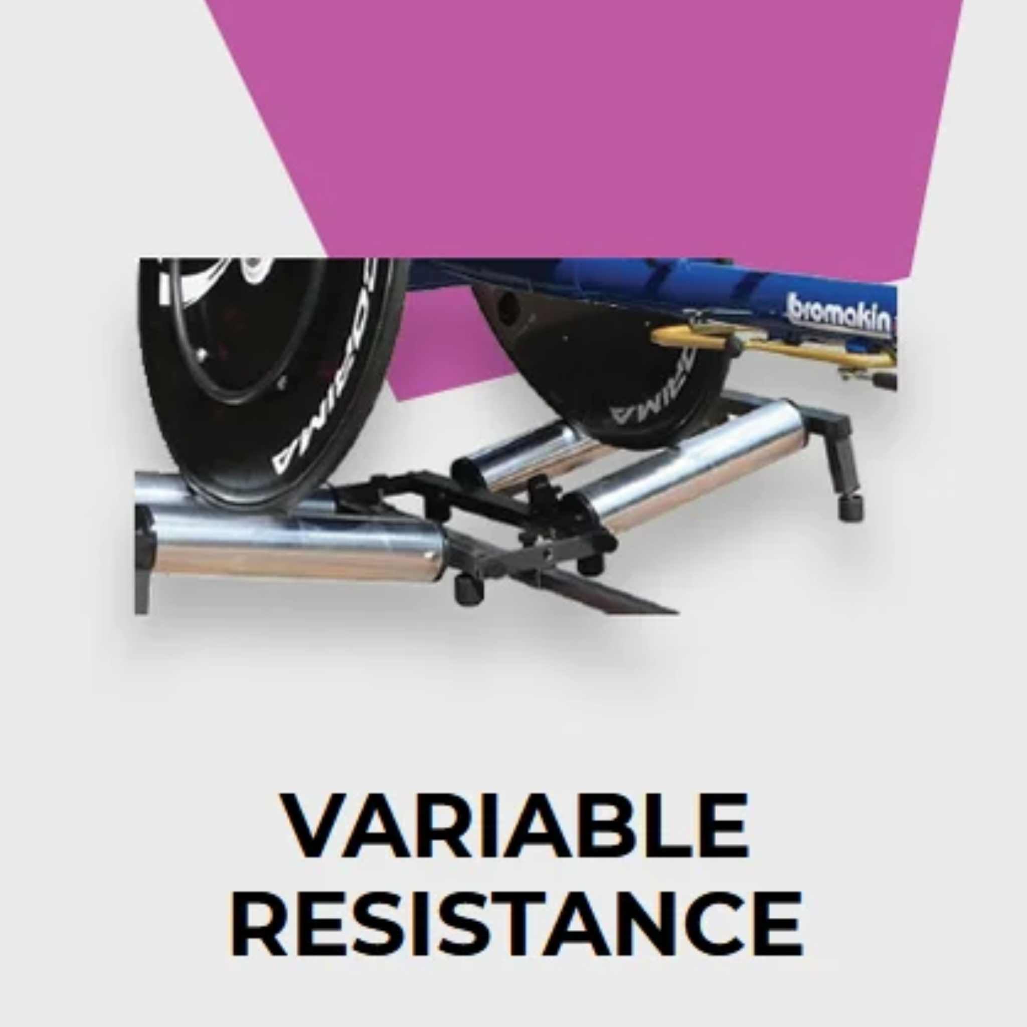 Close up of a 'Bromakin' race wheelchair on an Invictus Active Smart Trainer with 'Variable Resistance' text on a white background.