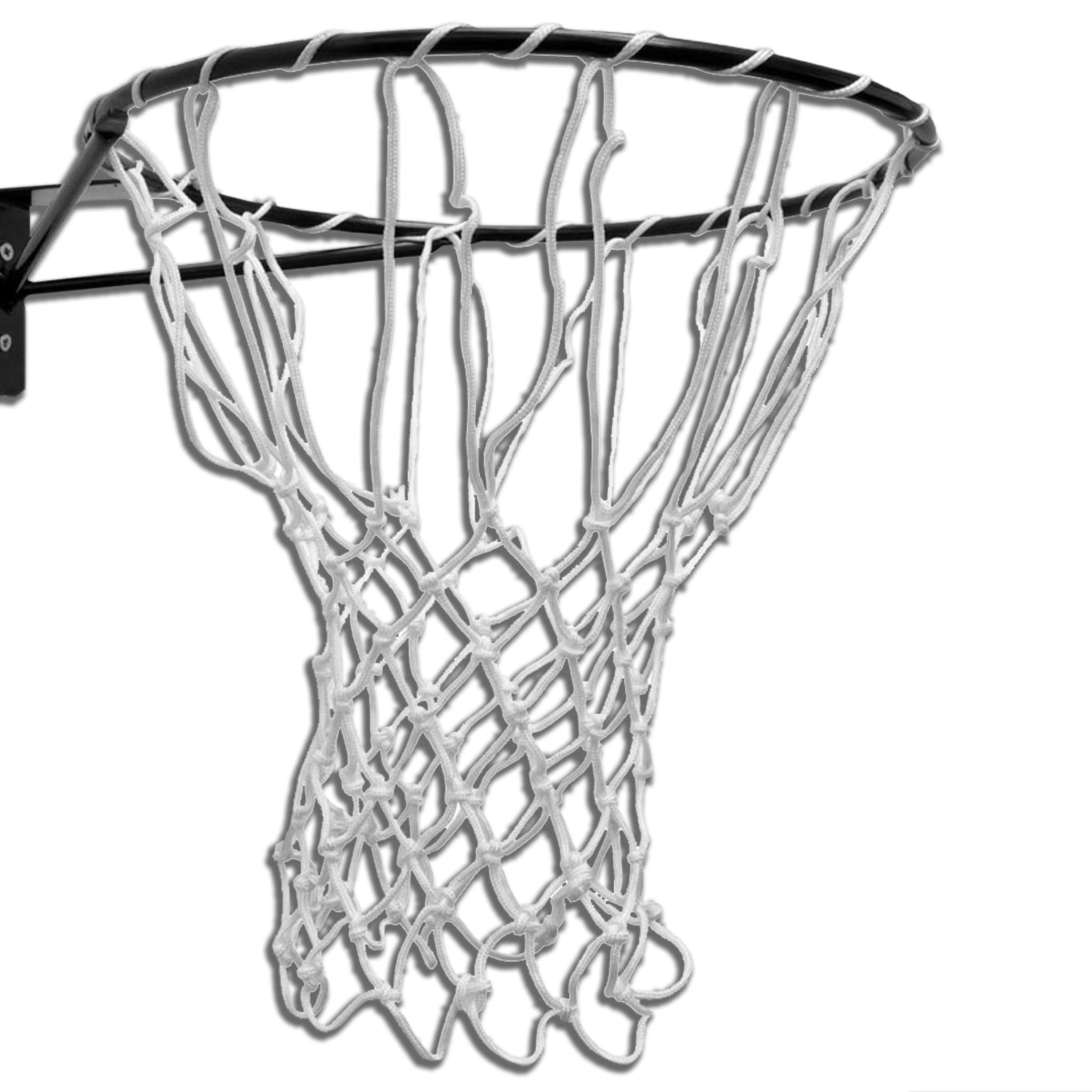 A close-up shot of a white netball net attached to a black rim, isolated on a white background.