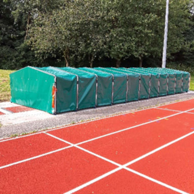 Retractable weather cover for landing areas | Canvas over concertina steel frame | Long Jump, High Jump or Pole Vault available | Sports tunnel 