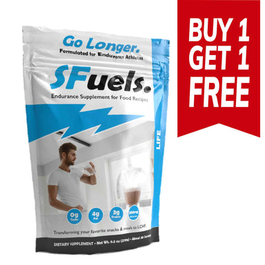SFuels endurance supplement package with promotional text on a white background