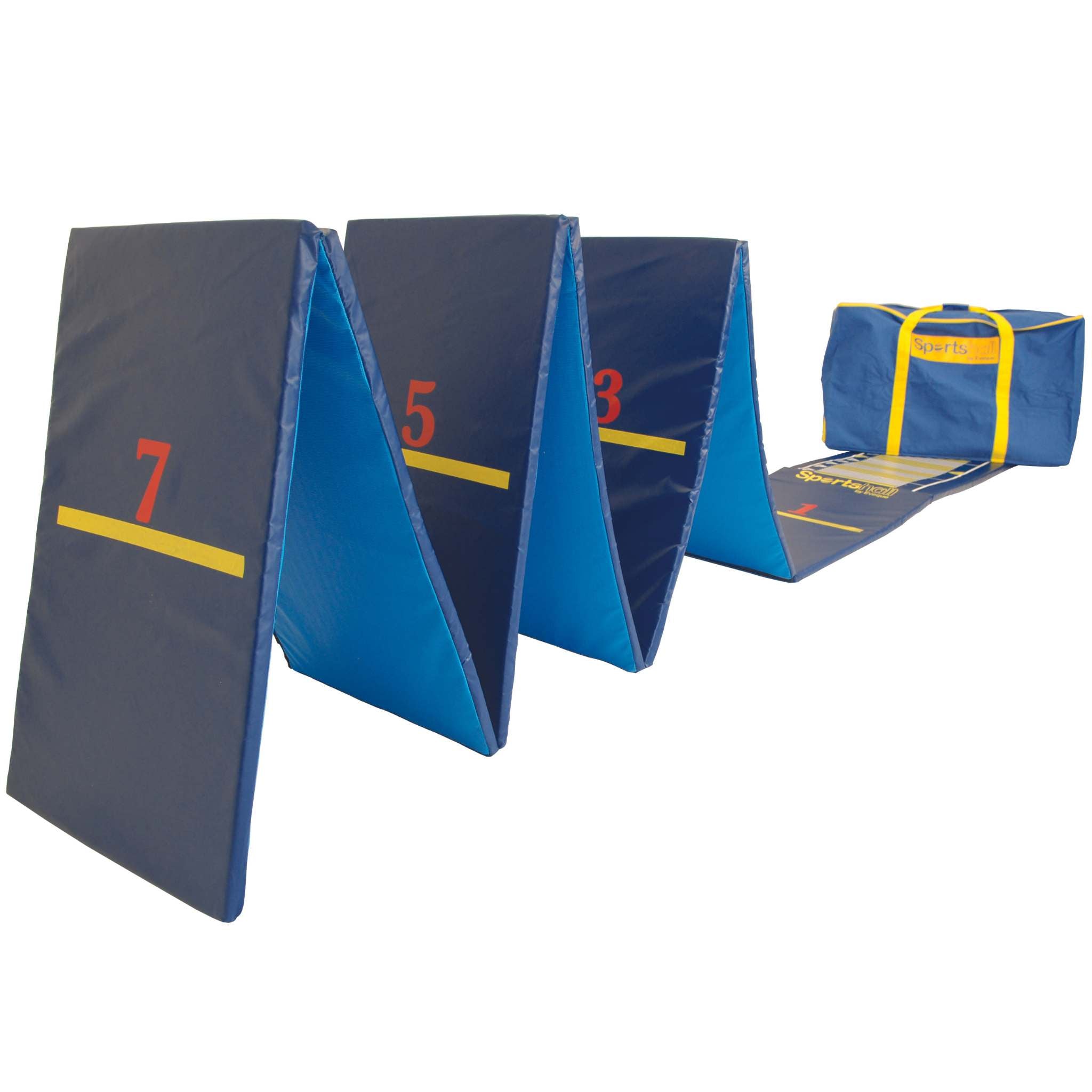 Standing Triple Jump Mat | Eveque Sportshall | 10.5m | Blue and Yellow folding foam mat with bag