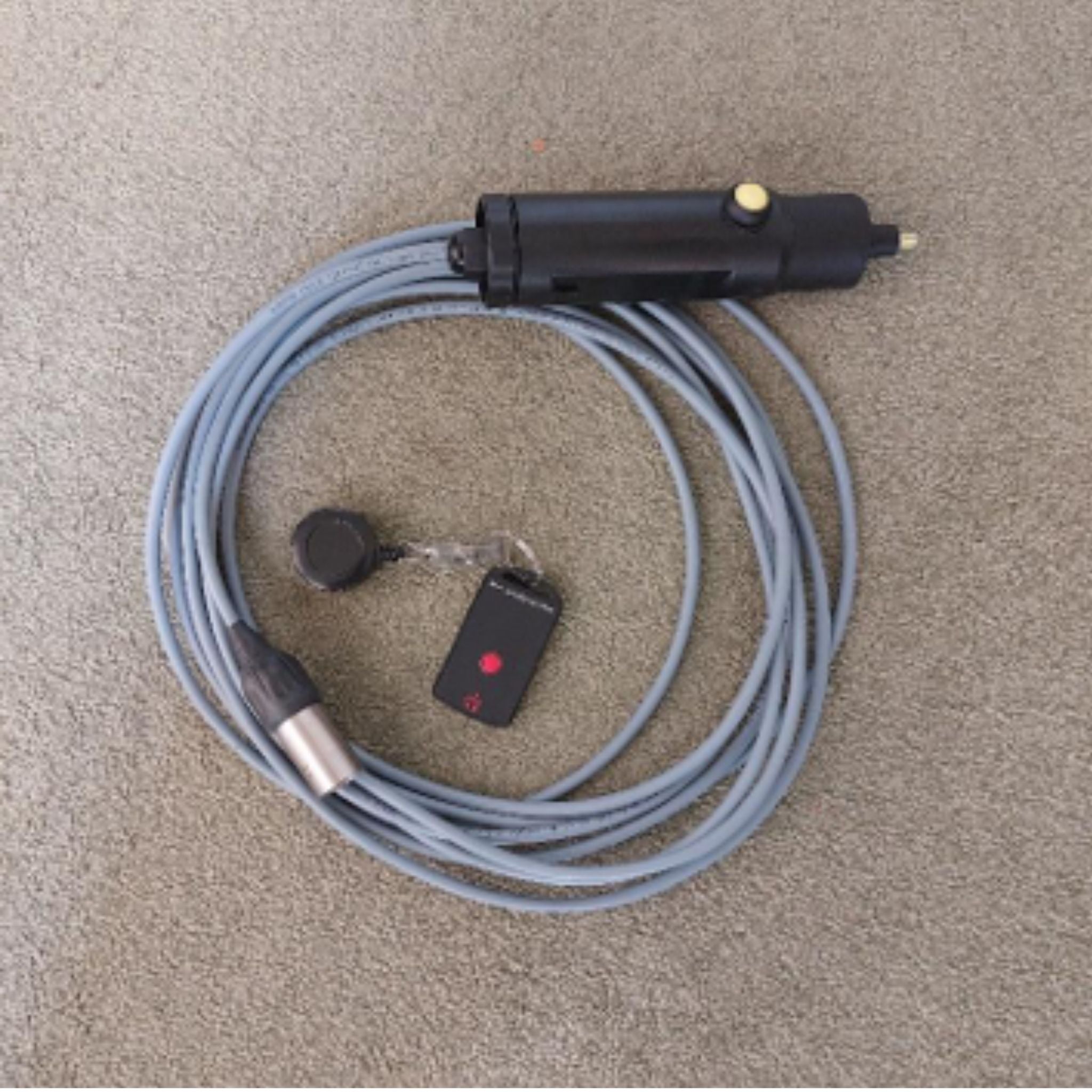 black tube on a grey lead with a black keyring with a red dot on