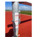 Metal leg of a steeplechase hurdle with a label indicating hurdle heights for women, U18 men and senior men.