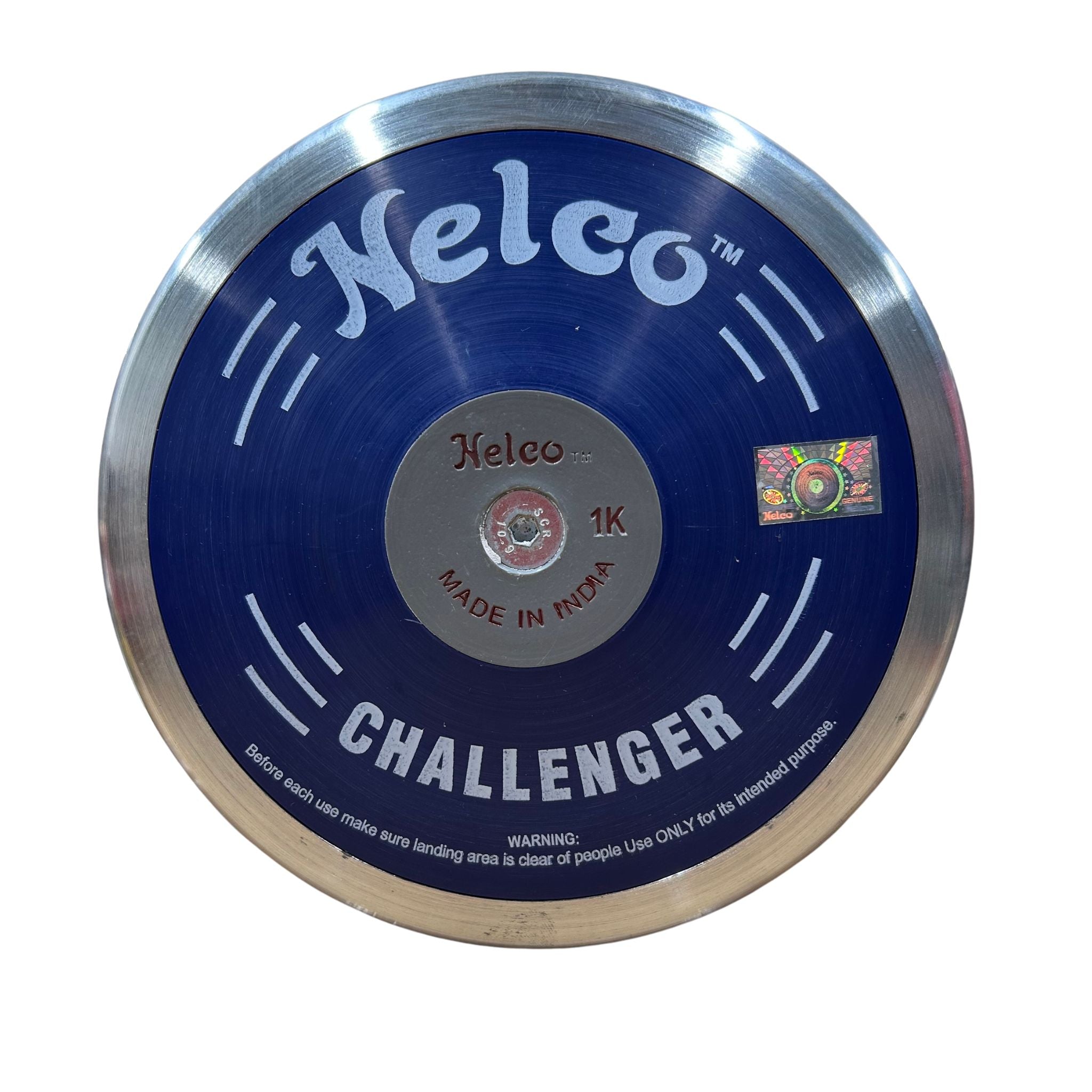 A circular blue and silver metal circular sdiscus with the brand name 'Nelco' and model 'Challenger' printed on it, shown against a plain white background.