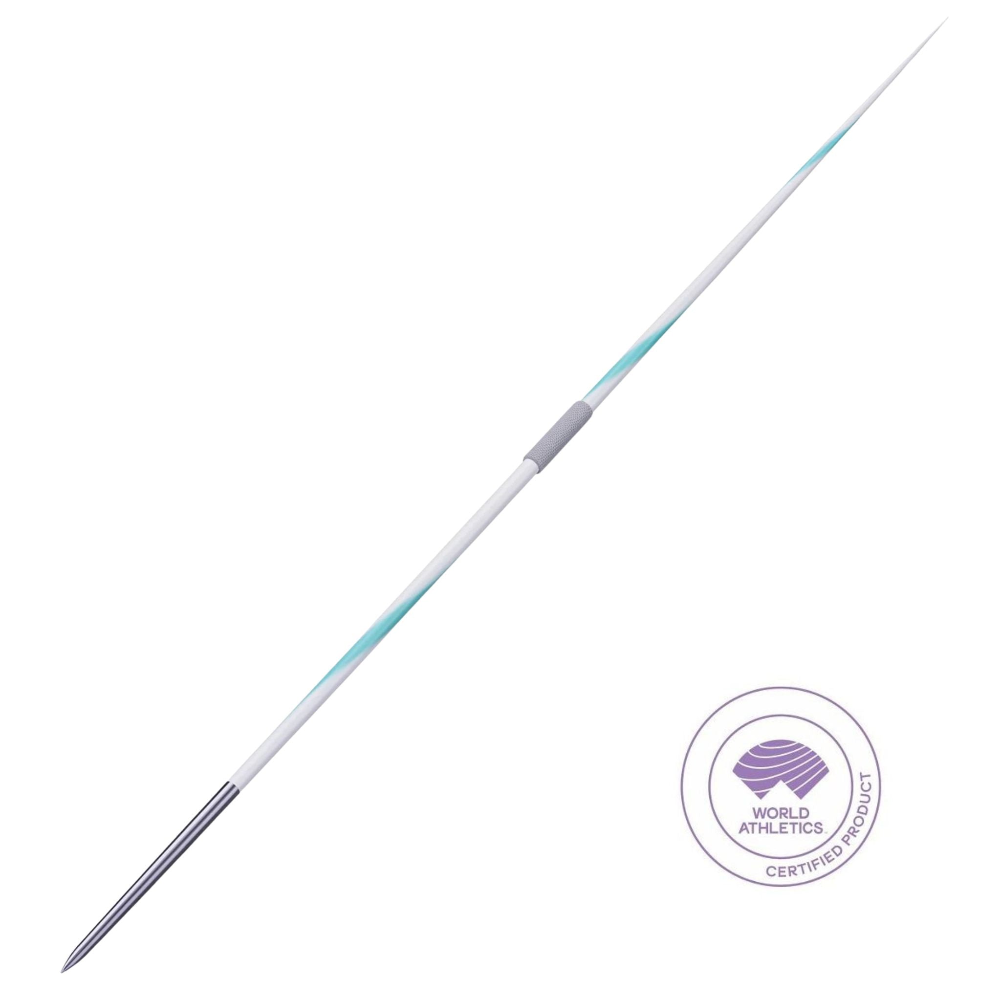 A long white javelin with light blue accents and a gray handle, shown diagonally on a white background with a World Athletics Certified Product seal in the lower right.