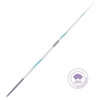A long white javelin with light blue accents and a gray handle, shown diagonally on a white background with a World Athletics Certified Product seal in the lower right.