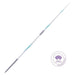 A long white javelin with light blue accents and a gray handle, shown diagonally on a white background with a World Athletics Certified Product seal in the lower right.
