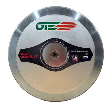 silver round discus with ote written on in green