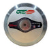 silver round discus with ote written on in green