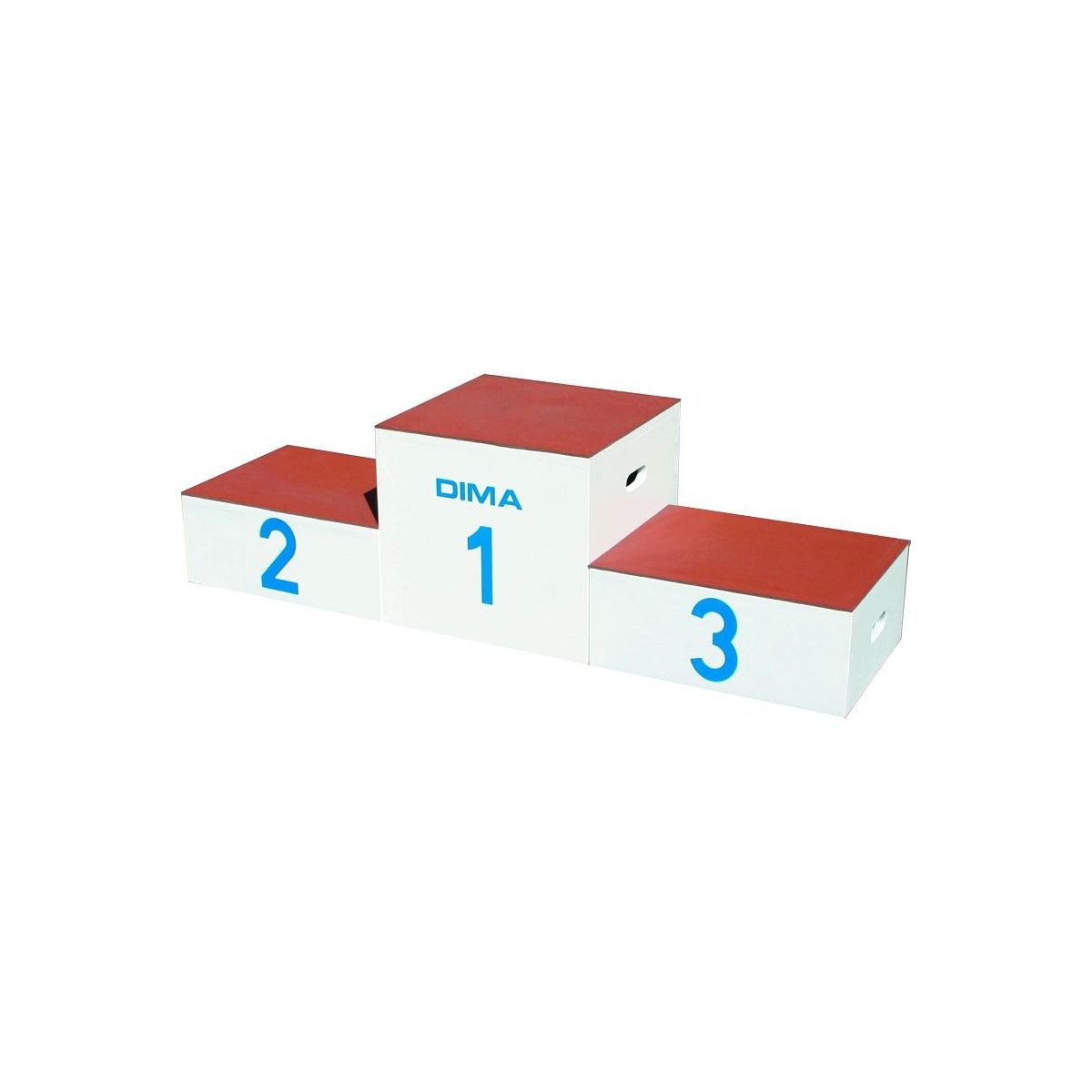 White painted wooden boxes with red non-slip top and blue numbers 1-3.  | Winners' podium stand for medal ceremonies