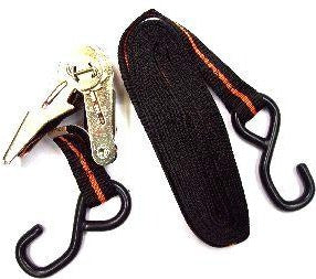 Woven webbing straps with hooks on each end and a ratchet to tighten.  For fixing para-athlete throwing frames and chairs to the ground