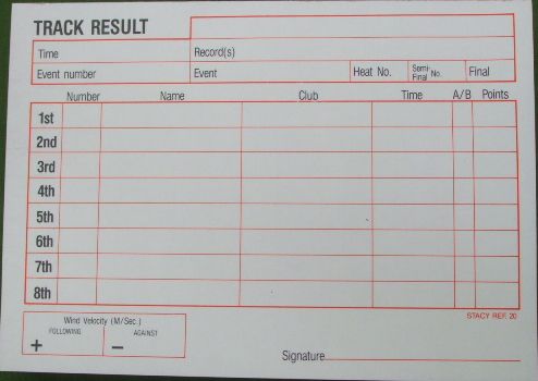 Pad of pressure copy paper for track results.  150 sheets, 8 competitors and windspeed