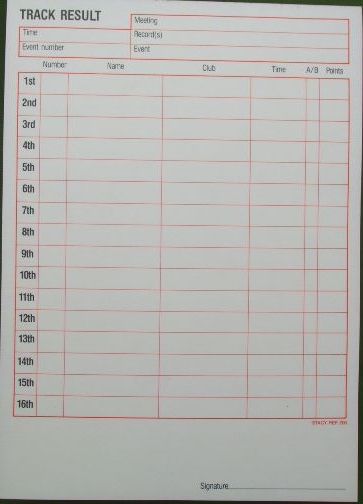 Pad of pressure copy paper for track results.  150 sheets, 16 competitors