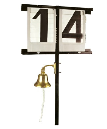 Lap Score Board. Black metal stand with two shuttered number boards and a brass bell for lap numbers and scoring