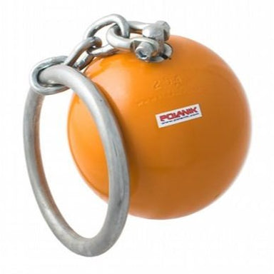 Orange throwing weight adjoined to a circular handle by a chain and swivel.  Manufactured by Polanik