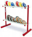 Red and white painted stand with 26 slanted supports to hold discus when not in use. Includes a galvanised handle and wheels to allow the trolley to be stored away from the throwing area.