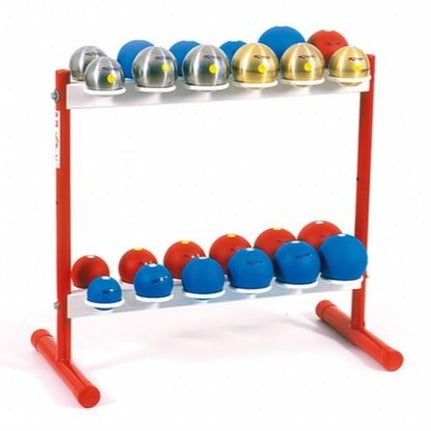 Red and white painted stand with 24 circular supports to hold shot put when not in use. Includes a galvanised handle and wheels to allow the trolley to be stored away from the throwing area.