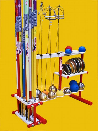 Polanik field events storage rack with capacity to hold 6 throwing hammers, 12 javelins, 7 discus and 12 shot.