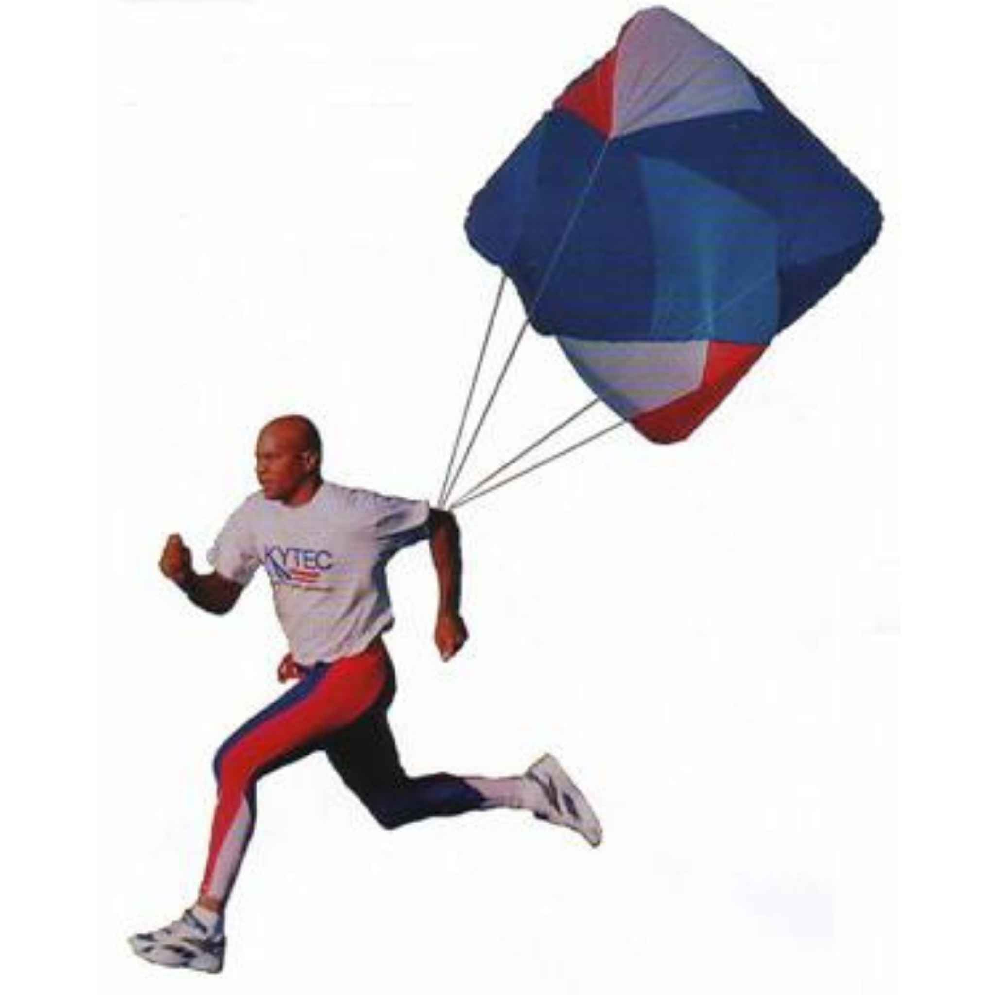 Kahuna Power Chute | Blue, red and white parachute attached to a runners back.  Allows agility and movement whilst training.