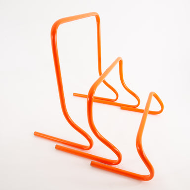 Set of 3 speed agility hurdles of different heights: 6 inches, 12 inches, 20 inches.  Orange powder-coated metal