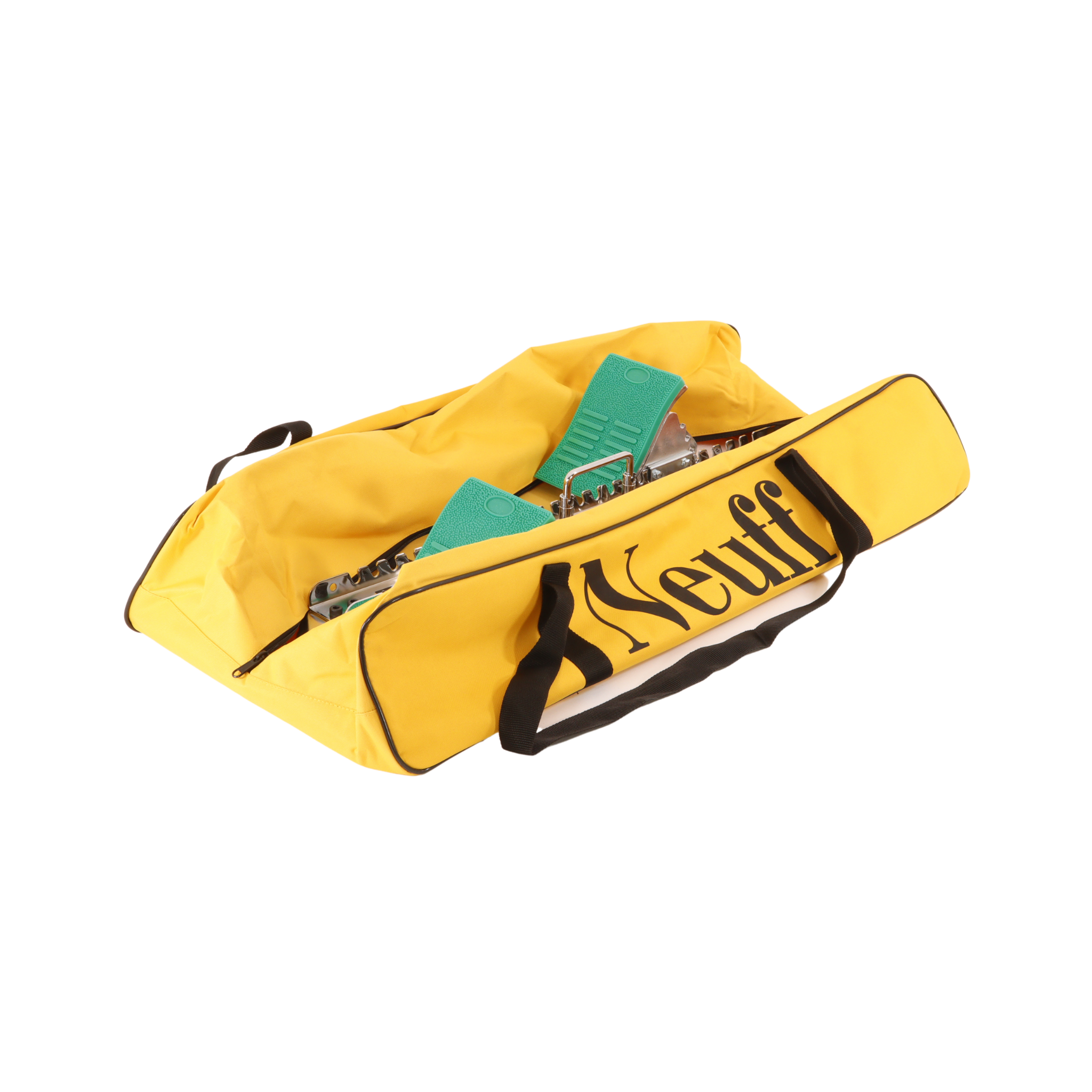 Neuff Starting Block Bag with a set of sprint blocks inside | Yellow bag with Black Neuff Brand