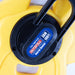 Open tape measure with white tape, a yellow plastic open-style case and geared winding handle