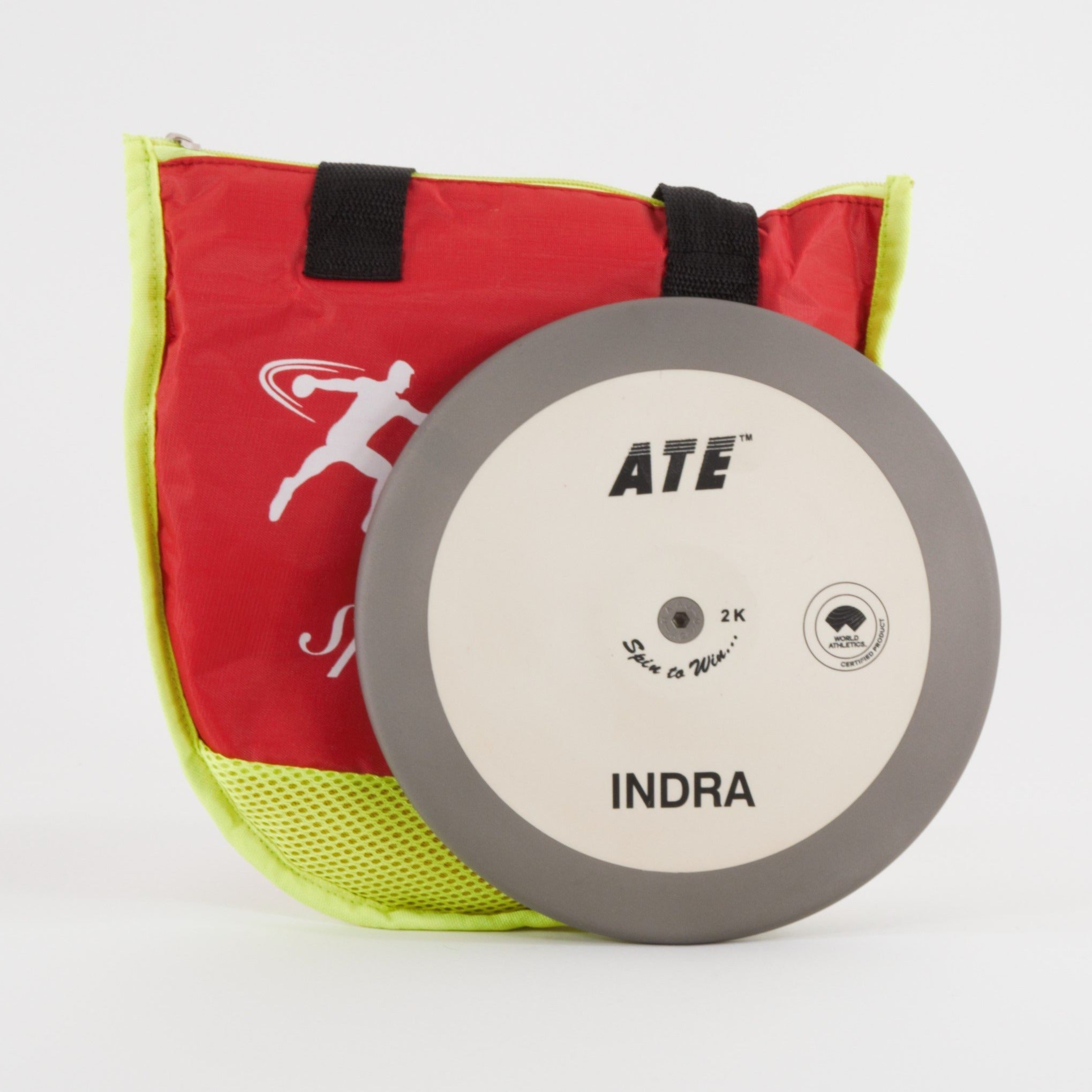 ATE Indra Discus with carry bag | Elite champion discus | Terragrip rim, World Athletics certified | Red/Yellow bag